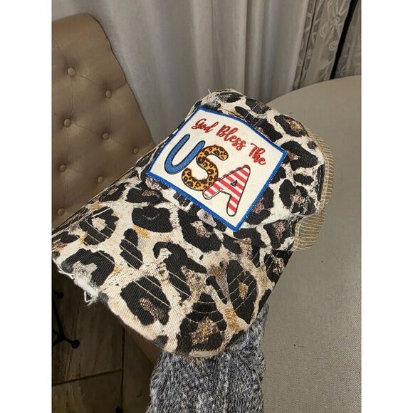 Leopard Print God Bless The USA Distressed Trucker Hat With Mesh Back - Picture 7 of 11